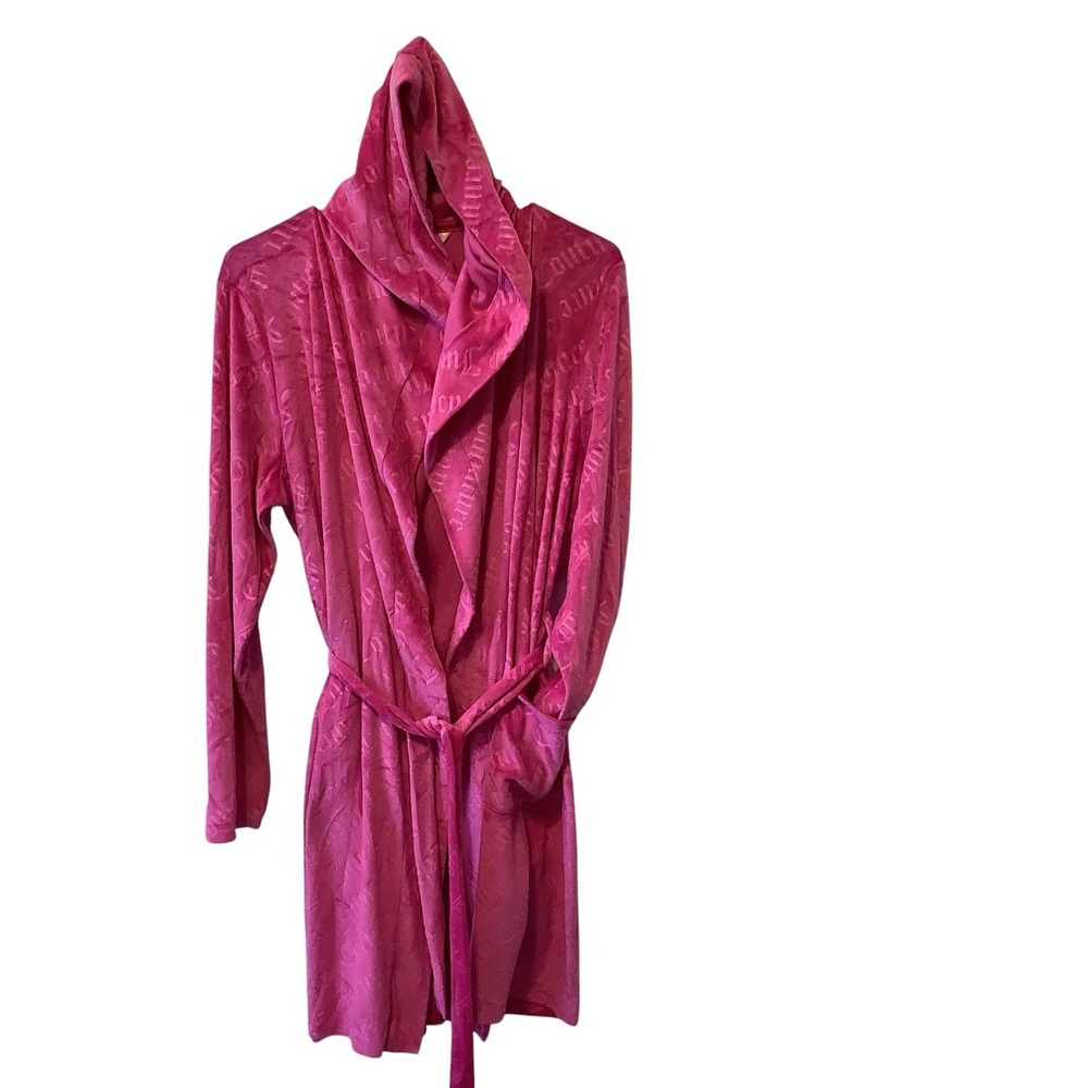Juicy Couture Women's M Pink Velour Logo Hooded Robe Belted Y2K Sleepwear